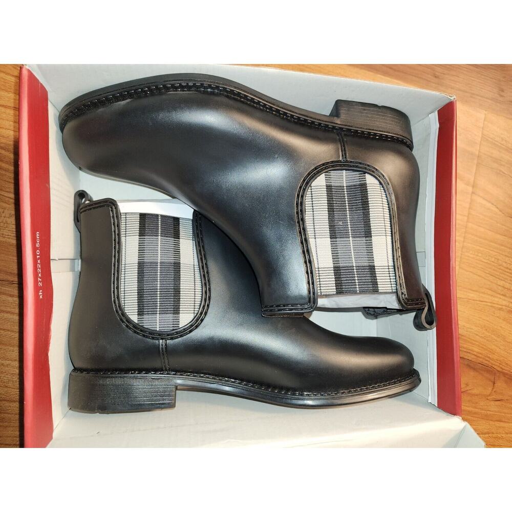Henry Ferrera Rain Boots Womens Size 7 Black Marsala Plaid Chelsea Matte Ankle - Picture 5 of 7